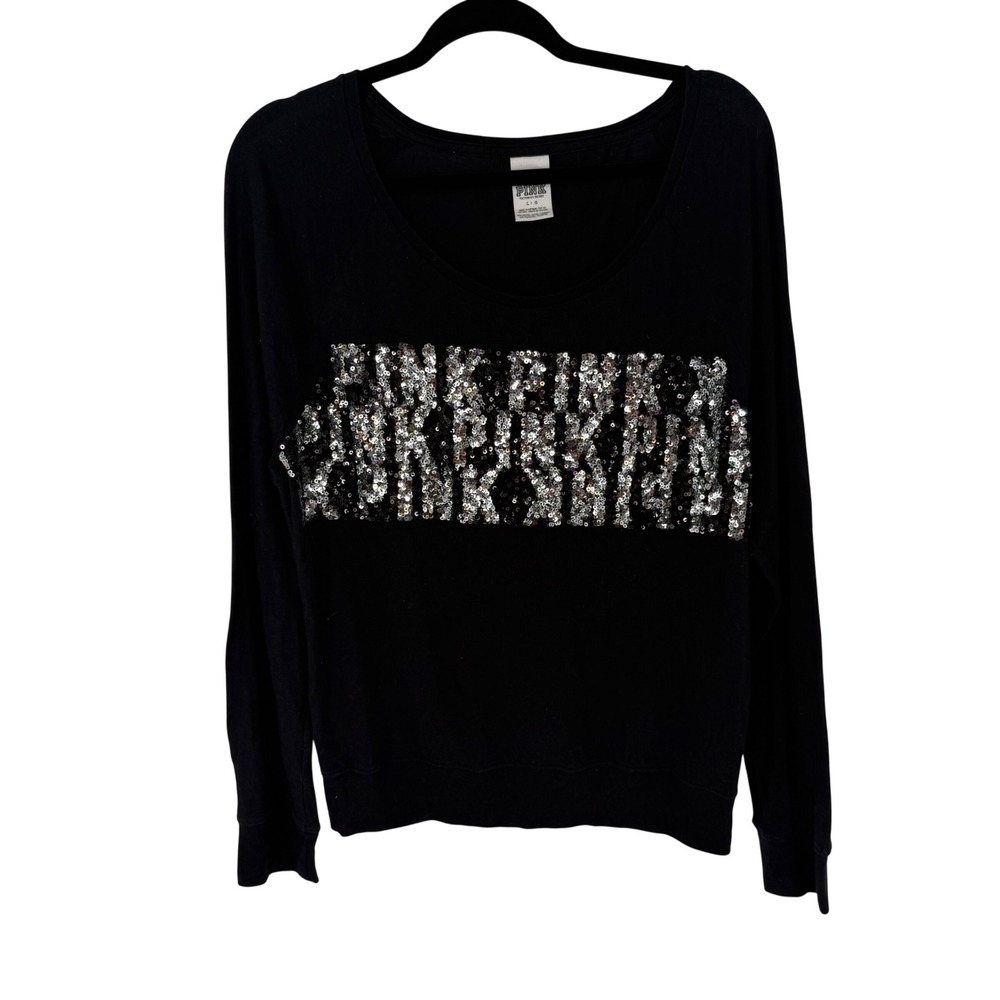 Victoria's Secret PINK Sweatshirt Womens Large Black Sequin Logo Pullover